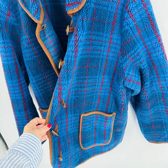 Orvis Blue Plaid Fleece Jacket Toggle Closure Sherpa Style Outerwear Size XL - Picture 4 of 9